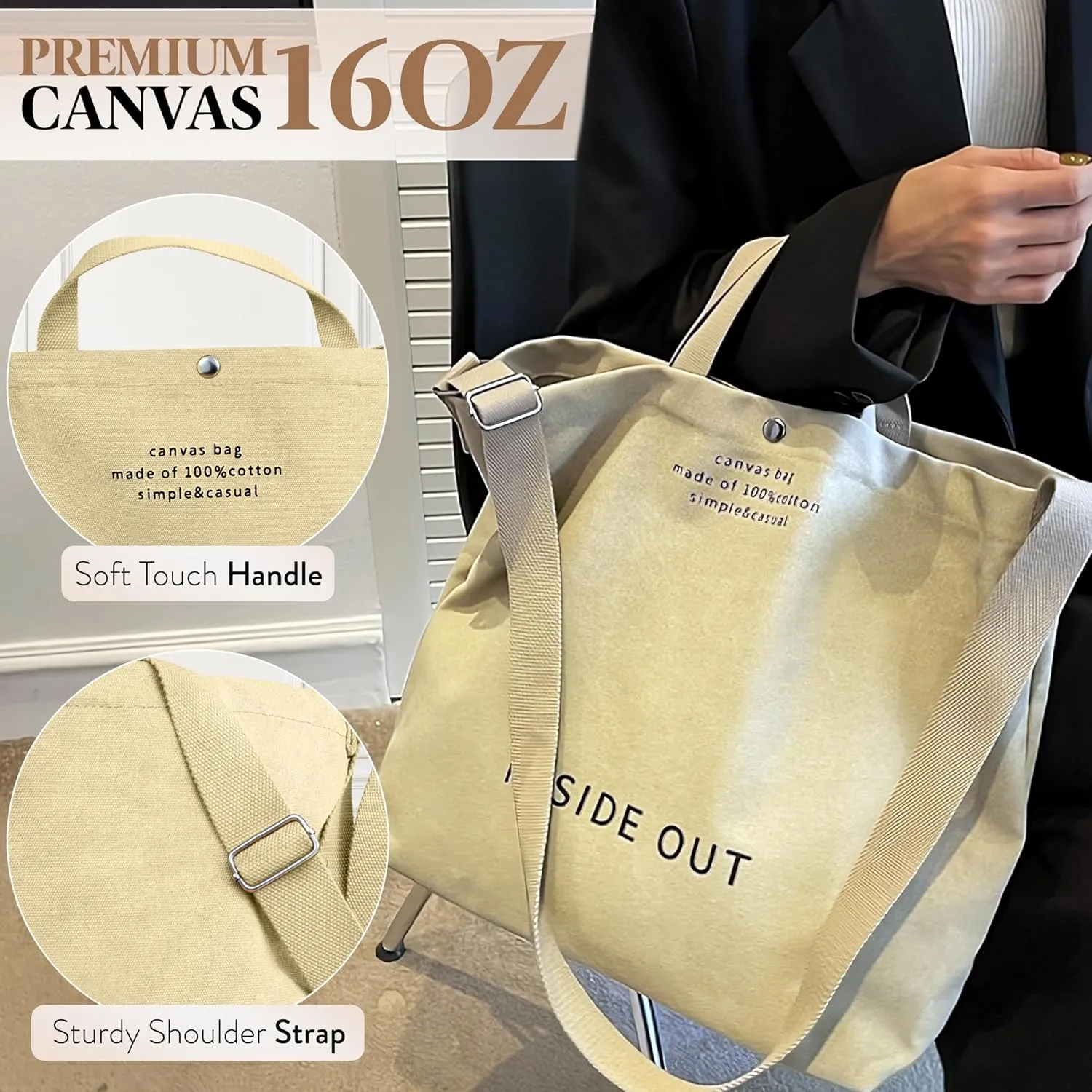 Large Tote Bag for Women, Canvas Bag Women Gift, Fashion Crossbody 16oz 100% Cotton Bag, Large Capacity Shoulder Bag