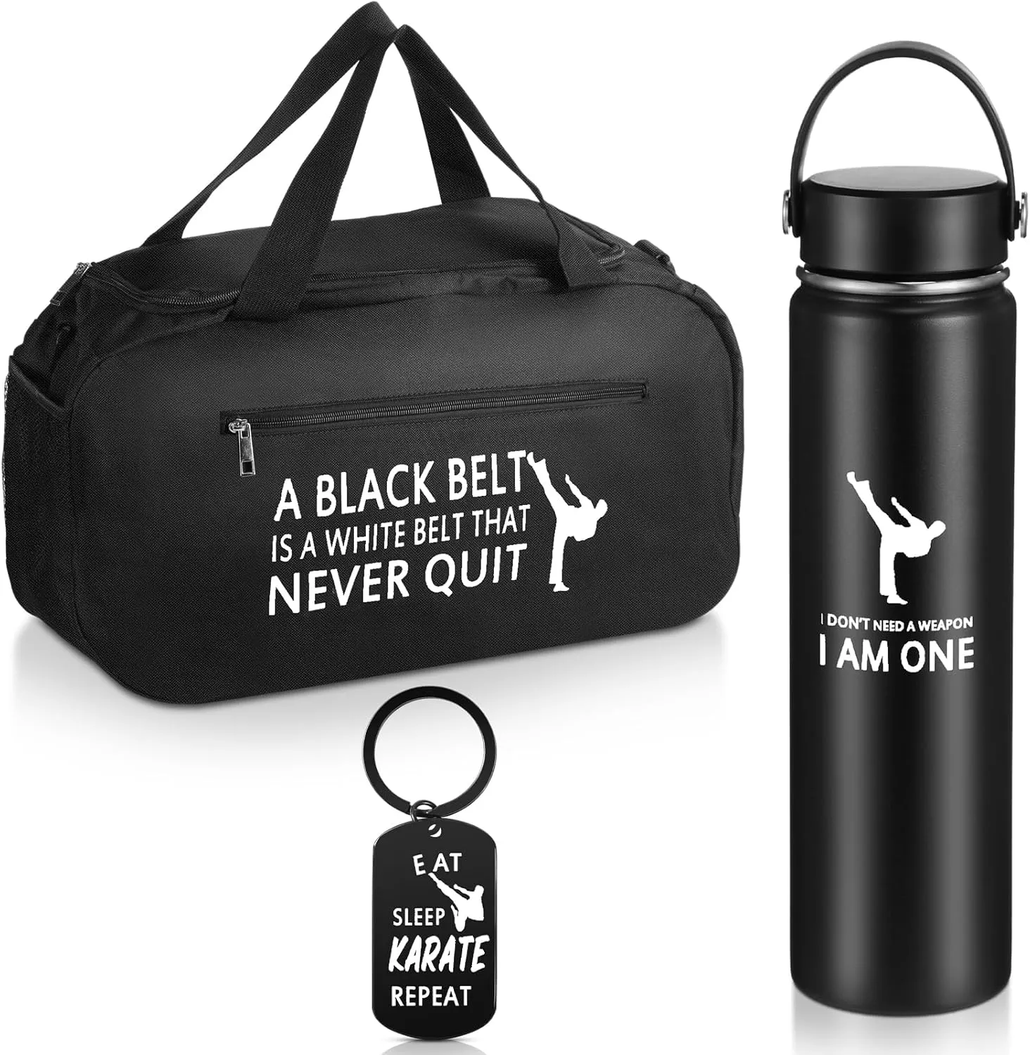 Layhit 3 Pcs Karate Gifts for Boys Taekwondo Karate Bag Martial Arts Duffel Bag 24 oz Stainless Steel Water Bottle Keychain Taekwondo Gifts for Kids Adults Lover