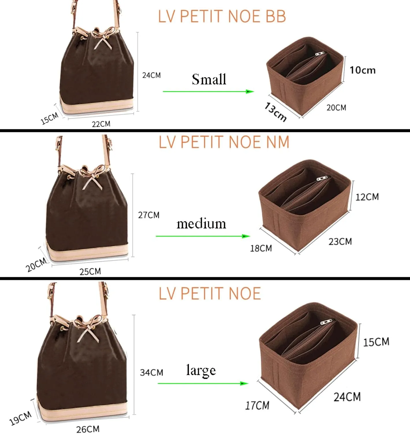 Lckaey Purse Organizer for BB Bucket Bag, Petit NOE Bag With Zipper Insert