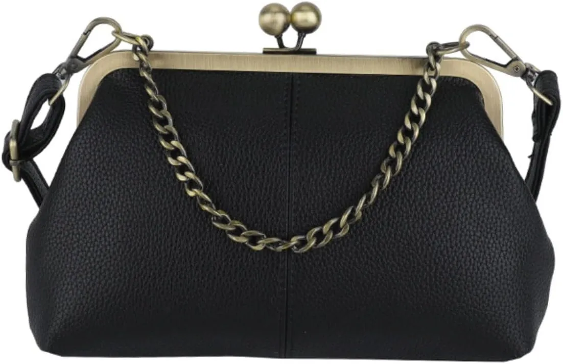 Leather Bag for Women Kiss-lock Closure Metal Frame Vagen Leather Cross-Body Handbag Purse Metal Chain Evening Party Bag