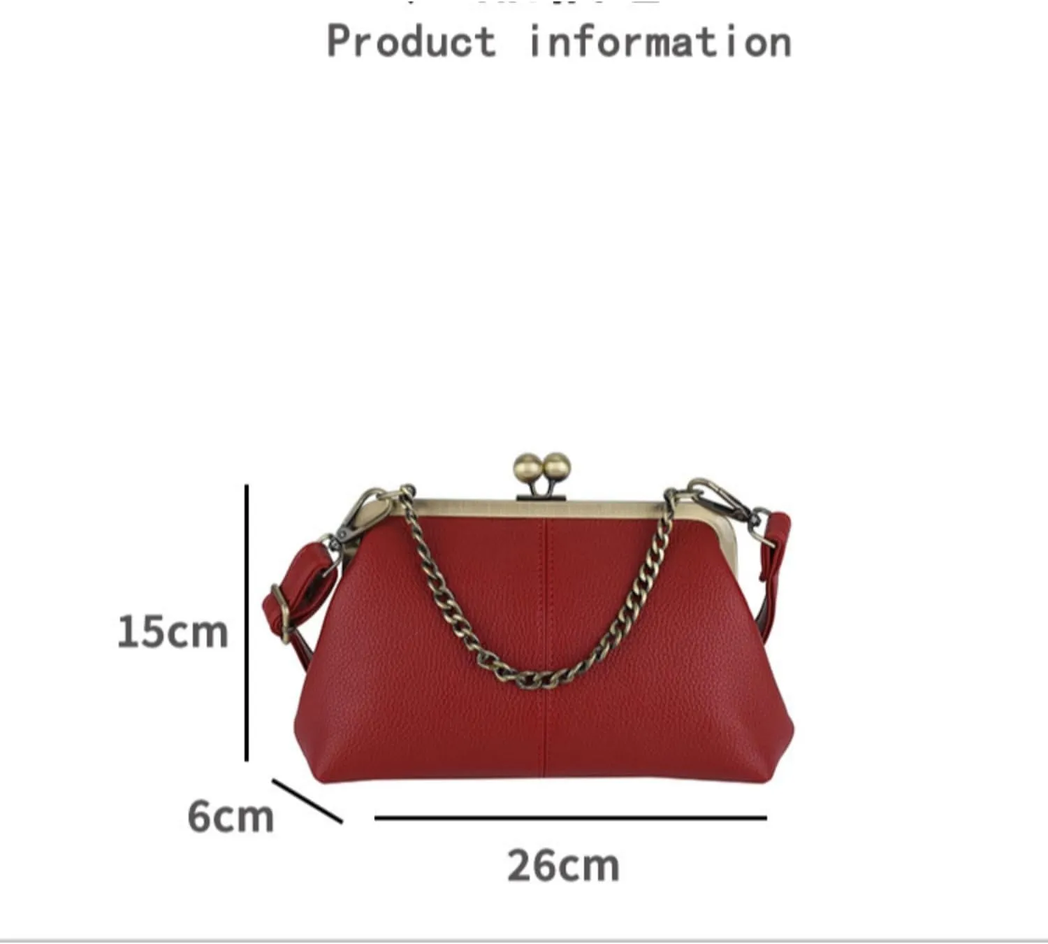 Leather Bag for Women Kiss-lock Closure Metal Frame Vagen Leather Cross-Body Handbag Purse Metal Chain Evening Party Bag