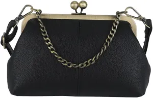 Leather Bag for Women Kiss-lock Closure Metal Frame Vagen Leather Cross-Body Handbag Purse Metal Chain Evening Party Bag