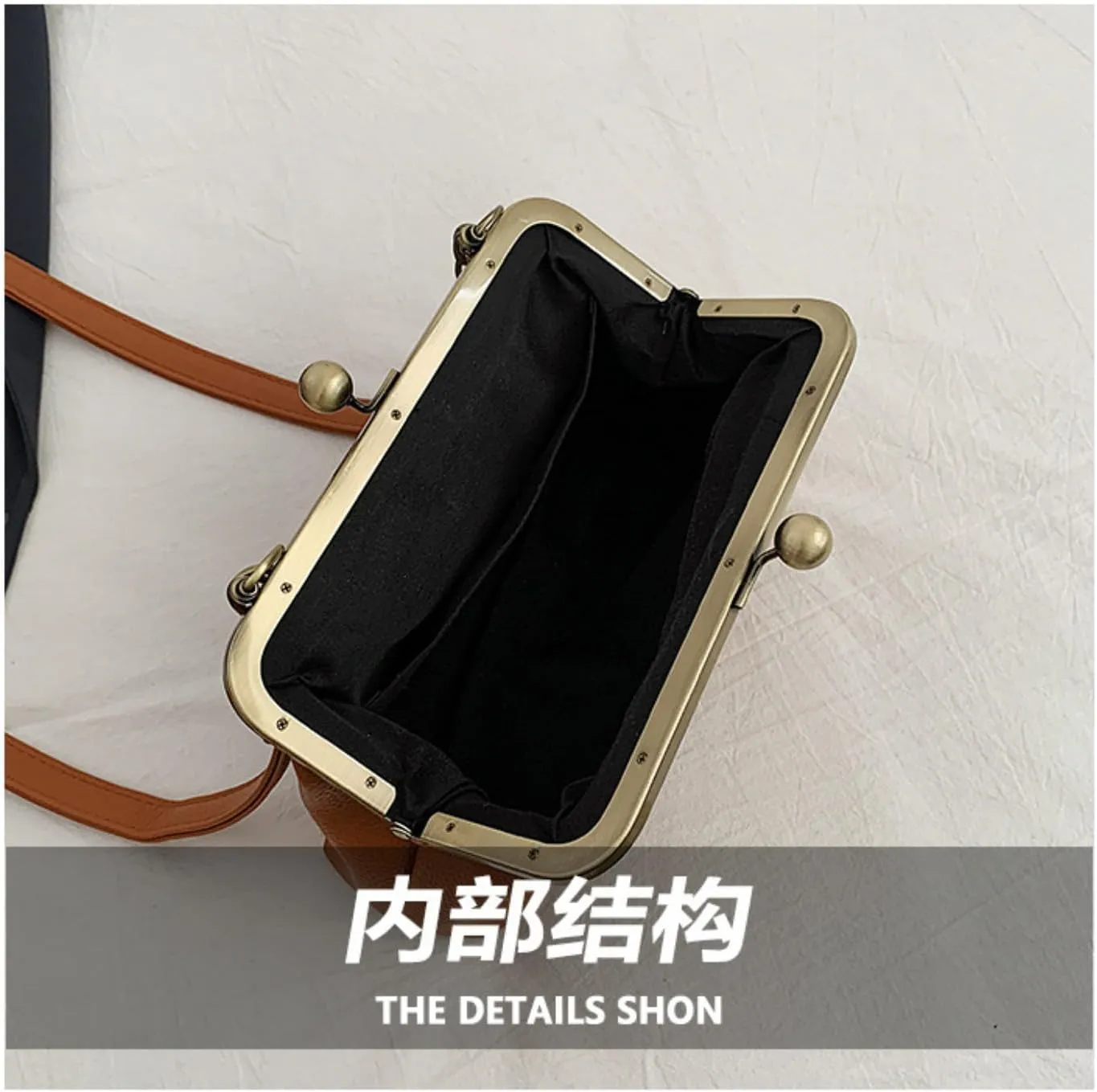 Leather Bag for Women Kiss-lock Closure Metal Frame Vagen Leather Cross-Body Handbag Purse Metal Chain Evening Party Bag