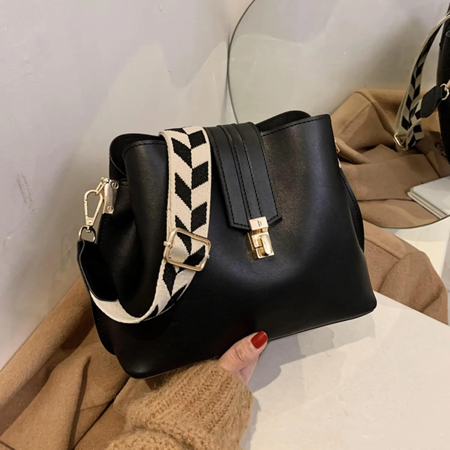 Leather Bucket Bag for Women, Guitar Strap Crossbody Handbag, Designer Tote Purse, Small Retro Satchel