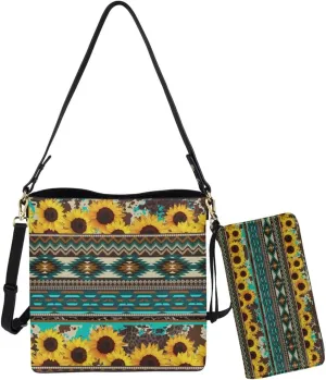Leather Bucket Bag with Ladies Wallet 2Pcs Set Shoulder Bag Crossbody Bag with Detachable Strap for Women
