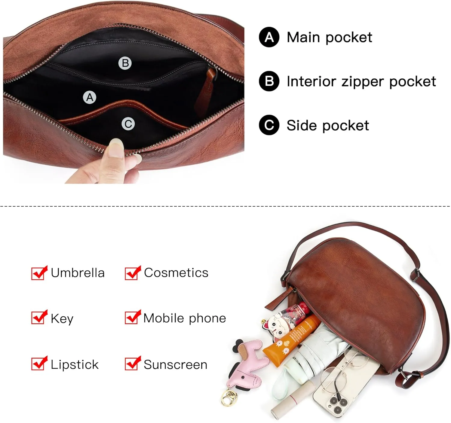 Leather Crossbody Bag Purse for Women Men,Crescent Shoulder Bag Small Cross Body Dumpling Bag Half Moon Adjustable