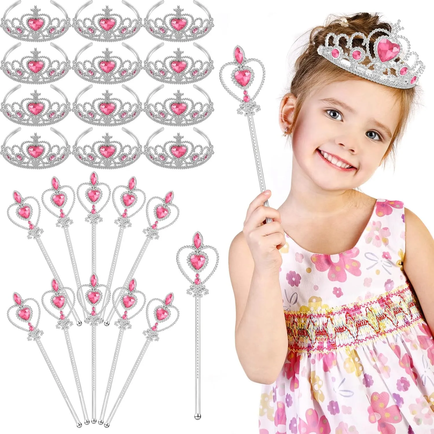 Lenwen 24 Pcs Princess Dress up Accessories Crown Tiara and Wand Set Include 12 Pcs Princess Wand and 12 Pcs Plastic Crown Kids Tiara for Little Girls Kids Toddler Costume Party Cosplay Gifts, Pink