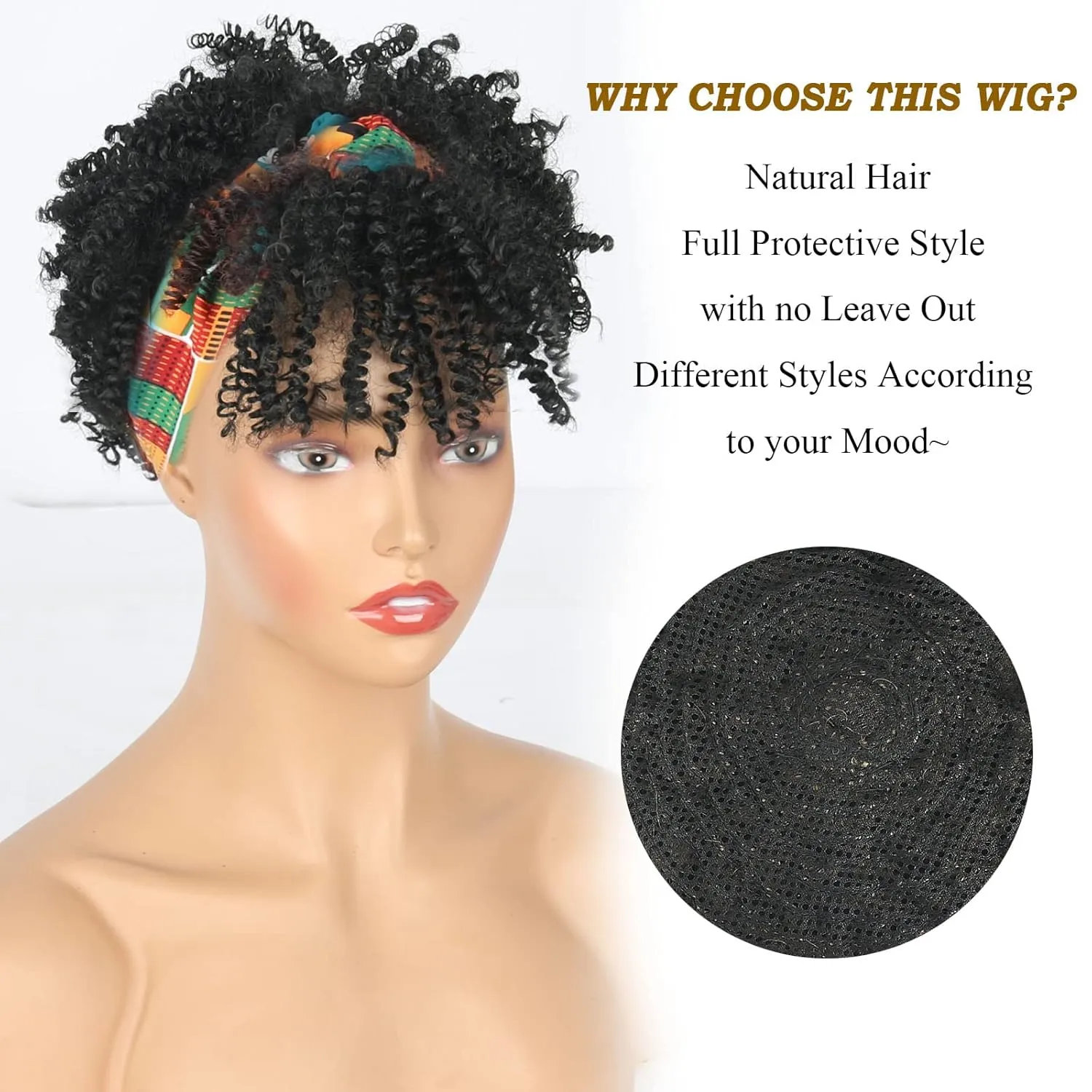 LEOSA Black Afro Wig with Bangs - Short Curly Headband Wig for Women