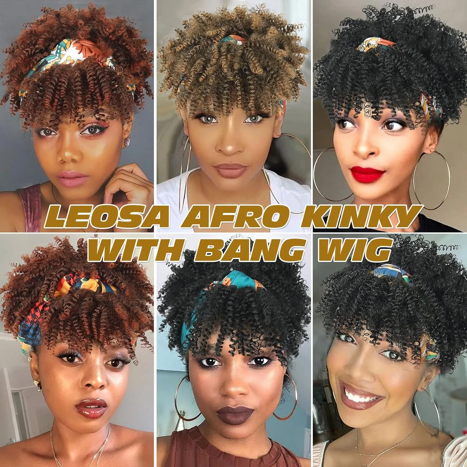 LEOSA Black Afro Wig with Bangs - Short Curly Headband Wig for Women