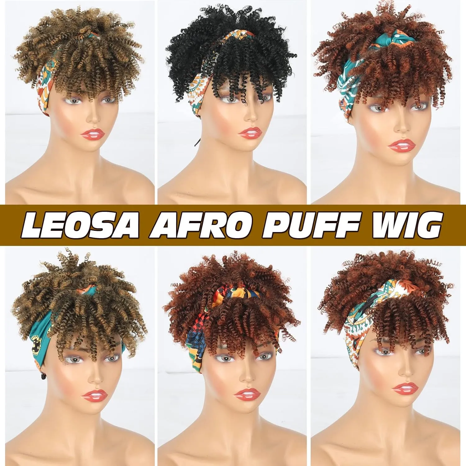 LEOSA Black Afro Wig with Bangs - Short Curly Headband Wig for Women