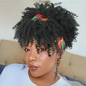 LEOSA Black Afro Wig with Bangs - Short Curly Headband Wig for Women