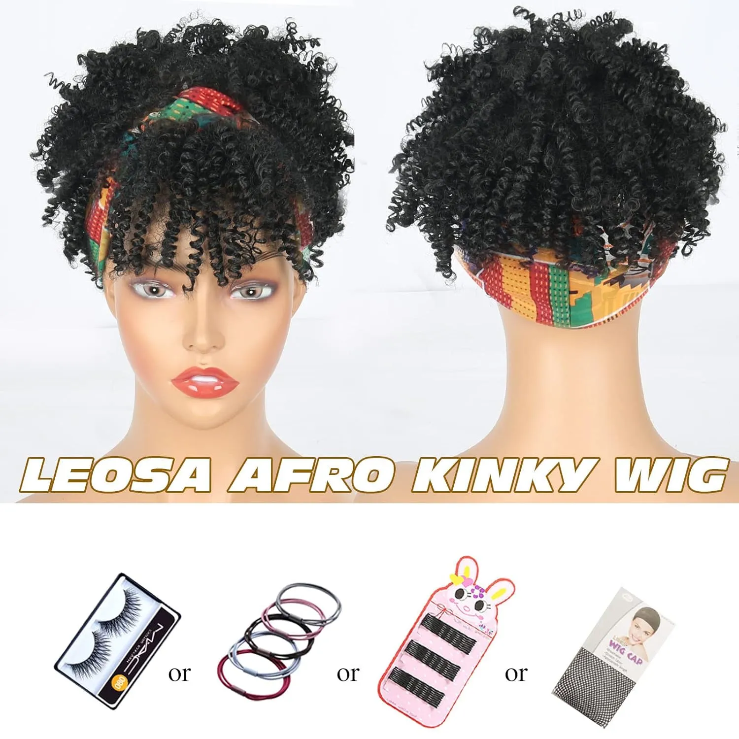 LEOSA Black Afro Wig with Bangs - Short Curly Headband Wig for Women