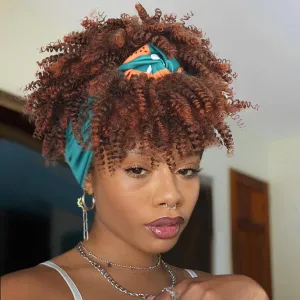 LEOSA Ombre Brown Afro Kinky Headband Wig with Bangs for Women Synthetic Afro Kinky Curly Hair Wig with Colourful Headband Attached Short Afro High Puff with Bangs Wigs for Women