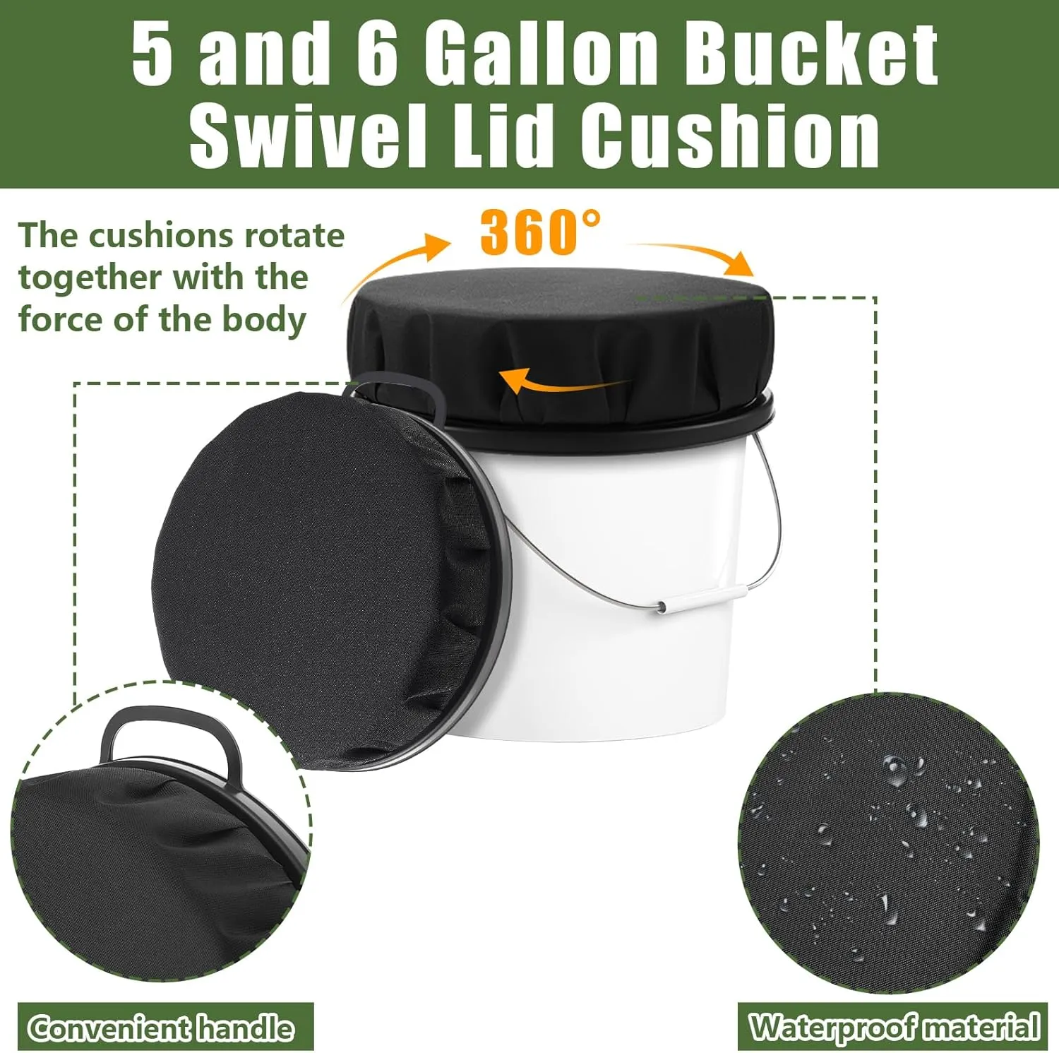 Lewtemi 2 Pcs 5 Gallon Bucket Seats 360 Degree Swivel Bucket Seat 3.54 Inch Thick Black Padded Cushion Lid with Waterproof Cover for Dove Duck Hunting Fishing Baseball Gardening and Camping