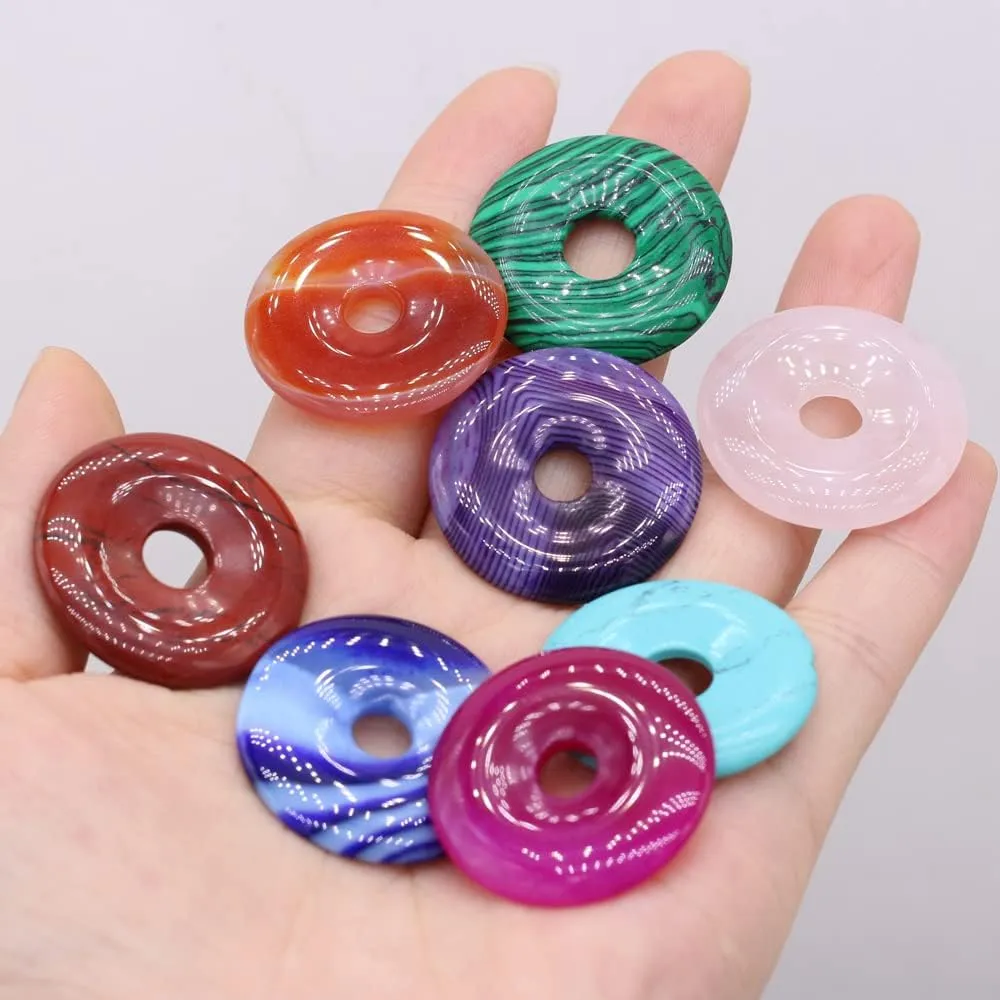 LHJ Natural Stone Bead Pendants Central Hole Ring Shape Mixed Stone Charms Ping Buckle Agate Crystal Stone for Jewelry Making Necklace Key Pendant