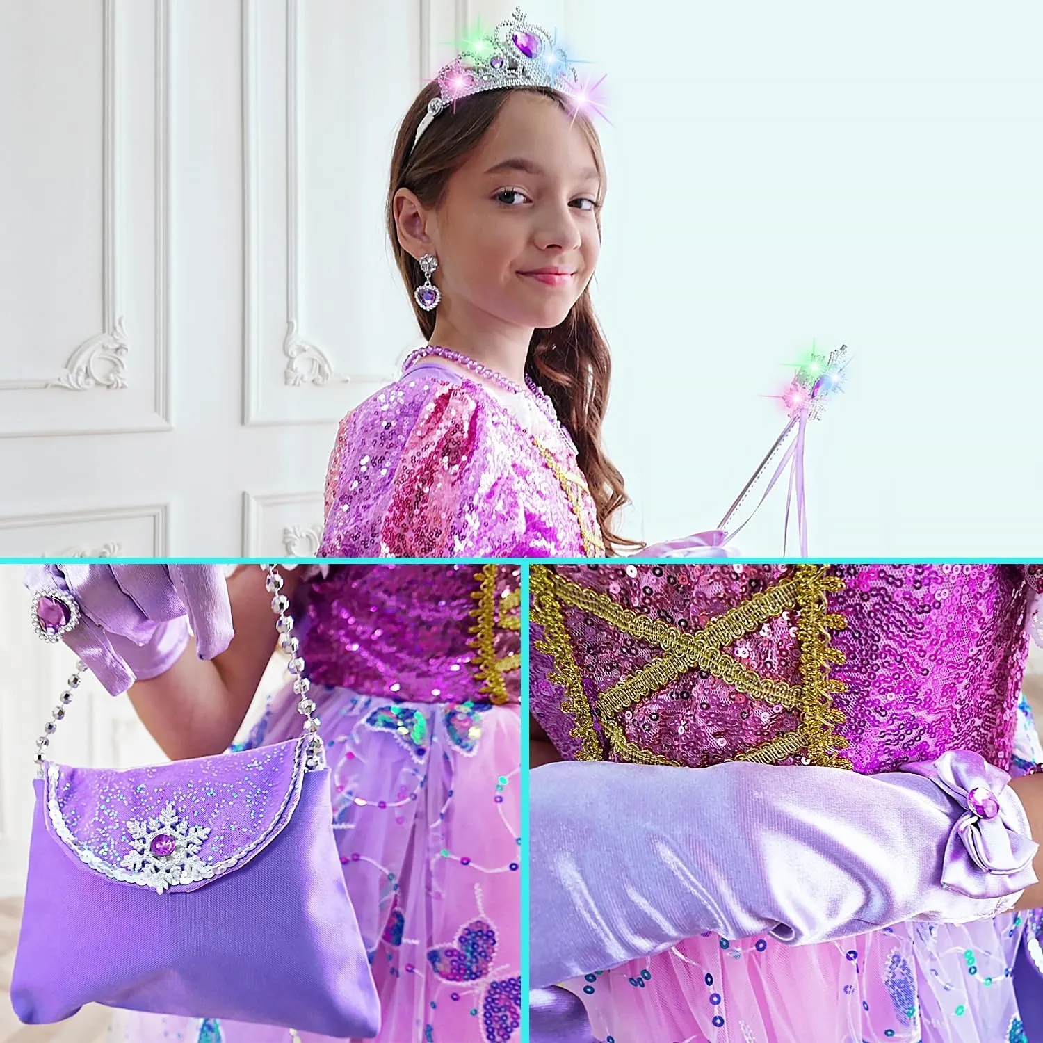 Light Up Girls Halloween Costume Snow Princess Dress Ice Christmas Costumes Toddler Kids Costume with Accessories