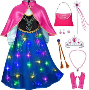 Light Up Princess Anna Dress - LED Light-Up Princess Costume for Girls with Accessories