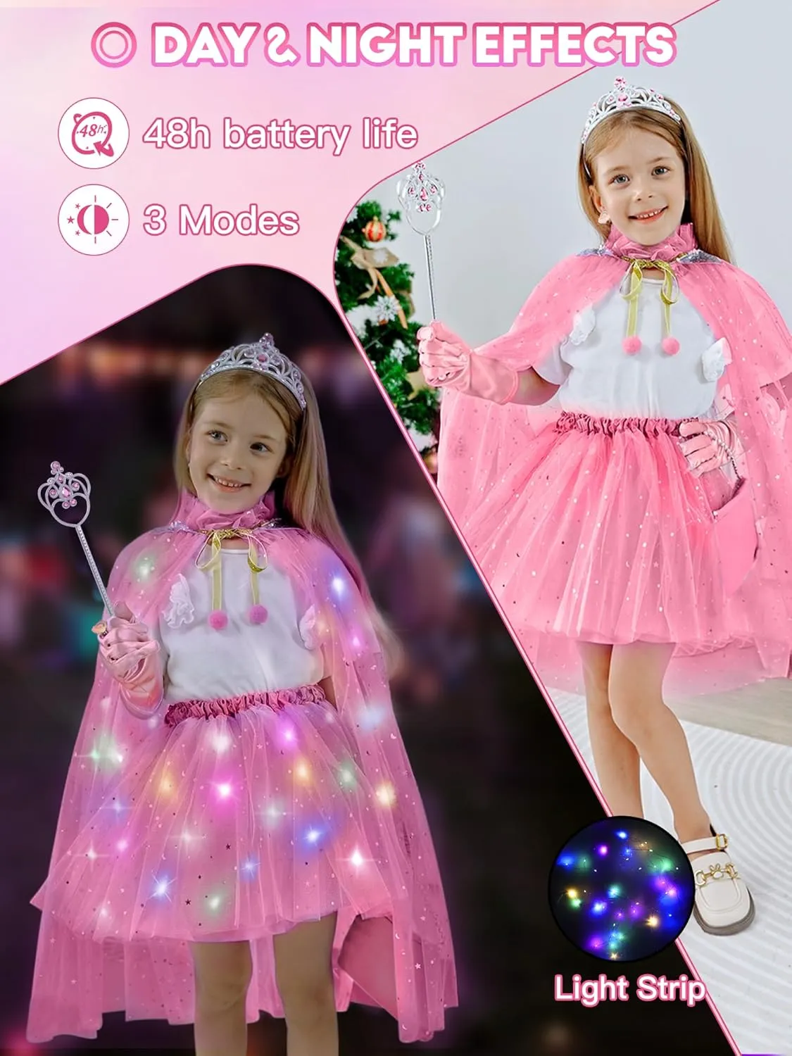 Light Up Princess Dress Up Clothes for Girls Aged 3 4 5 6, Princess Cape, Girl Costume for Christmas Birthday Gift