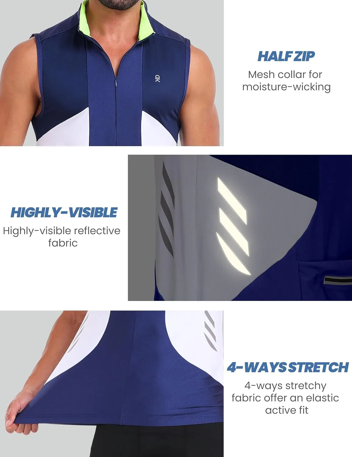 Little Donkey Andy Men's Half Zip Breathable Cycling Vests Reflective Sleeveless Jerseys Lightweight Bicycle Running