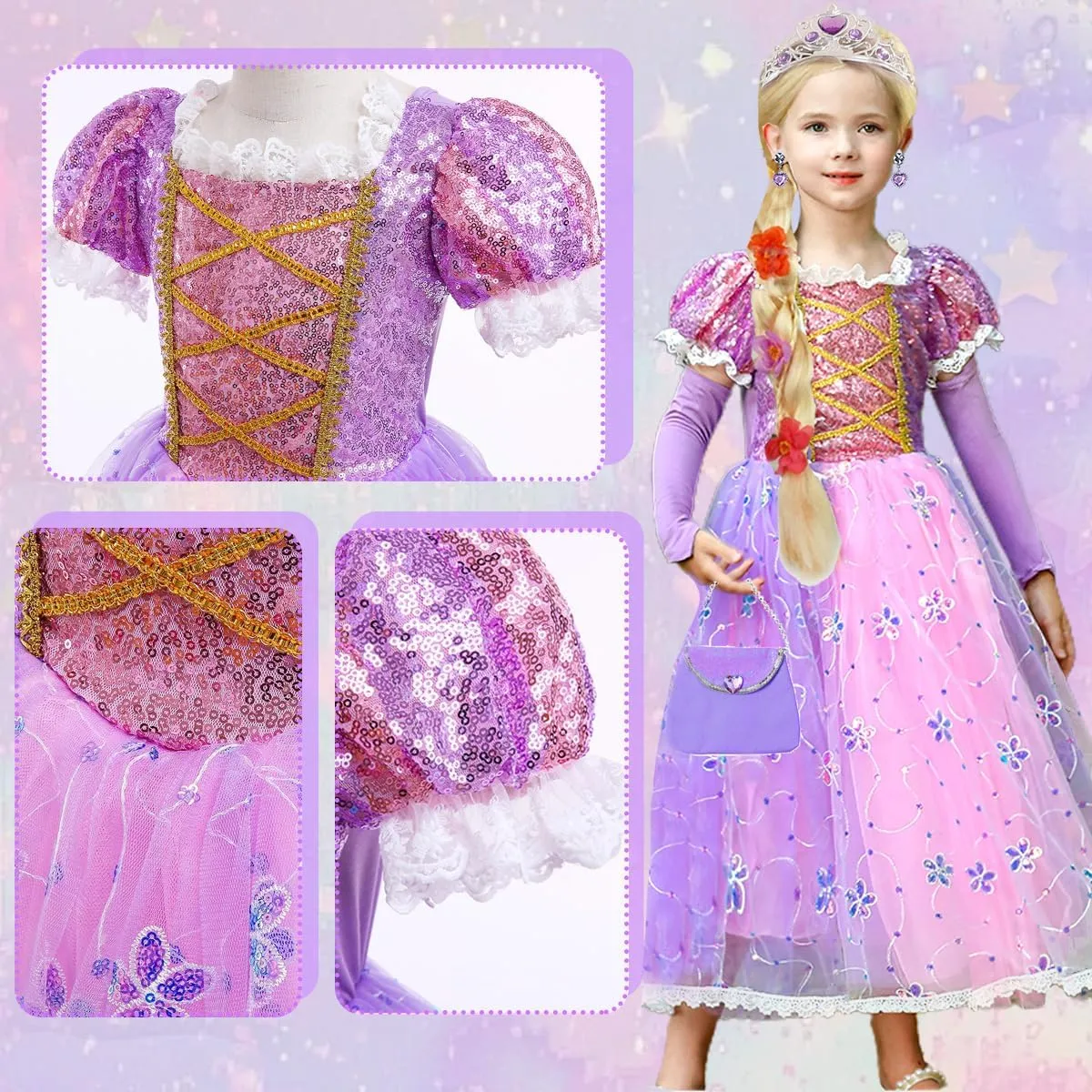 Little Girls Princess Costume Rapunzel Dress for Kids Carnival Halloween Party Christmas Fancy Purple Dress