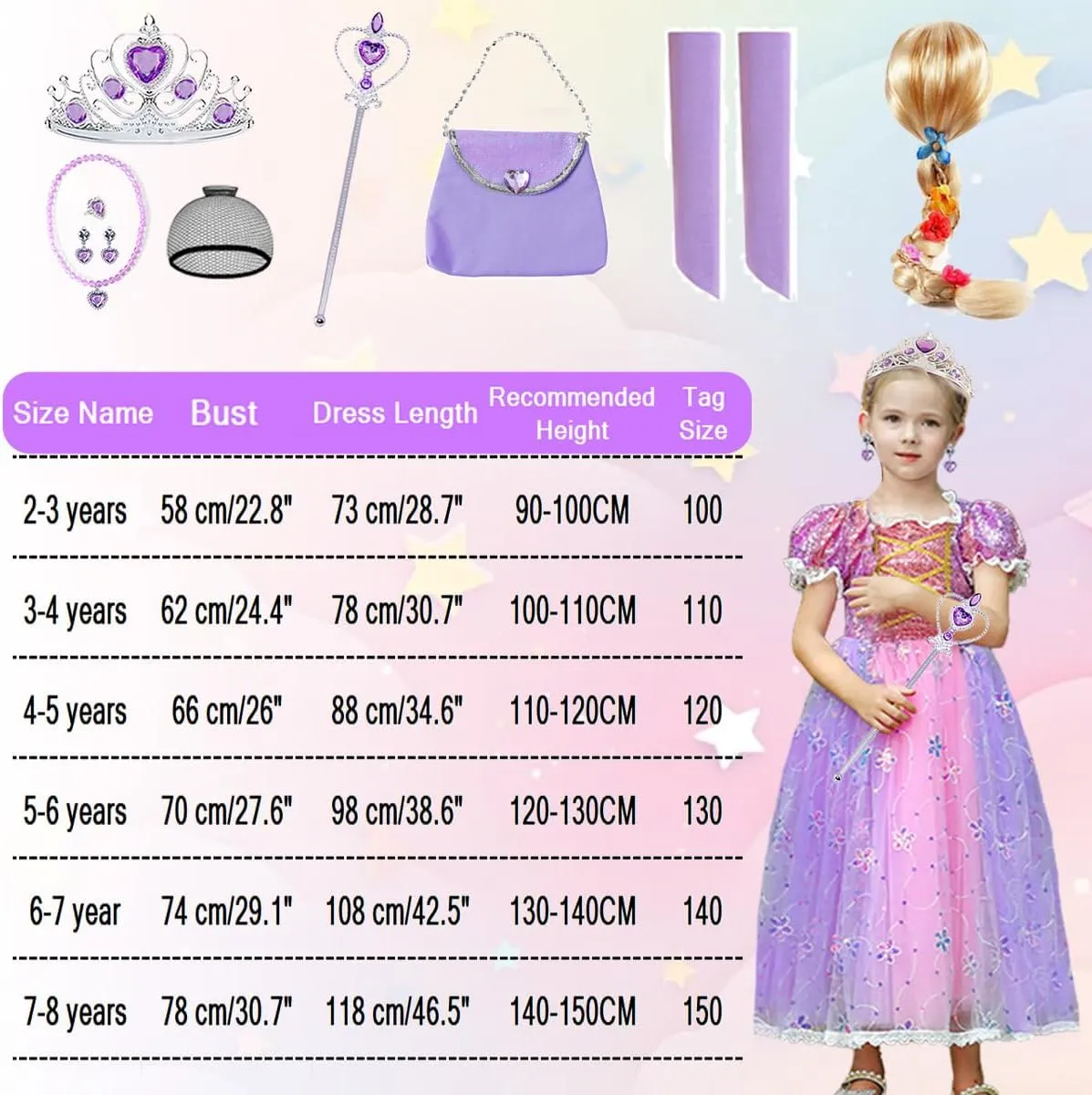 Little Girls Princess Costume Rapunzel Dress for Kids Carnival Halloween Party Christmas Fancy Purple Dress
