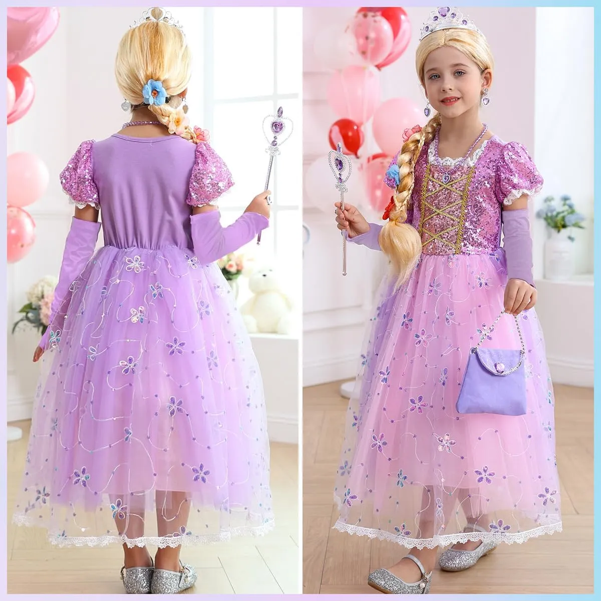 Little Girls Princess Costume Rapunzel Dress for Kids Carnival Halloween Party Christmas Fancy Purple Dress