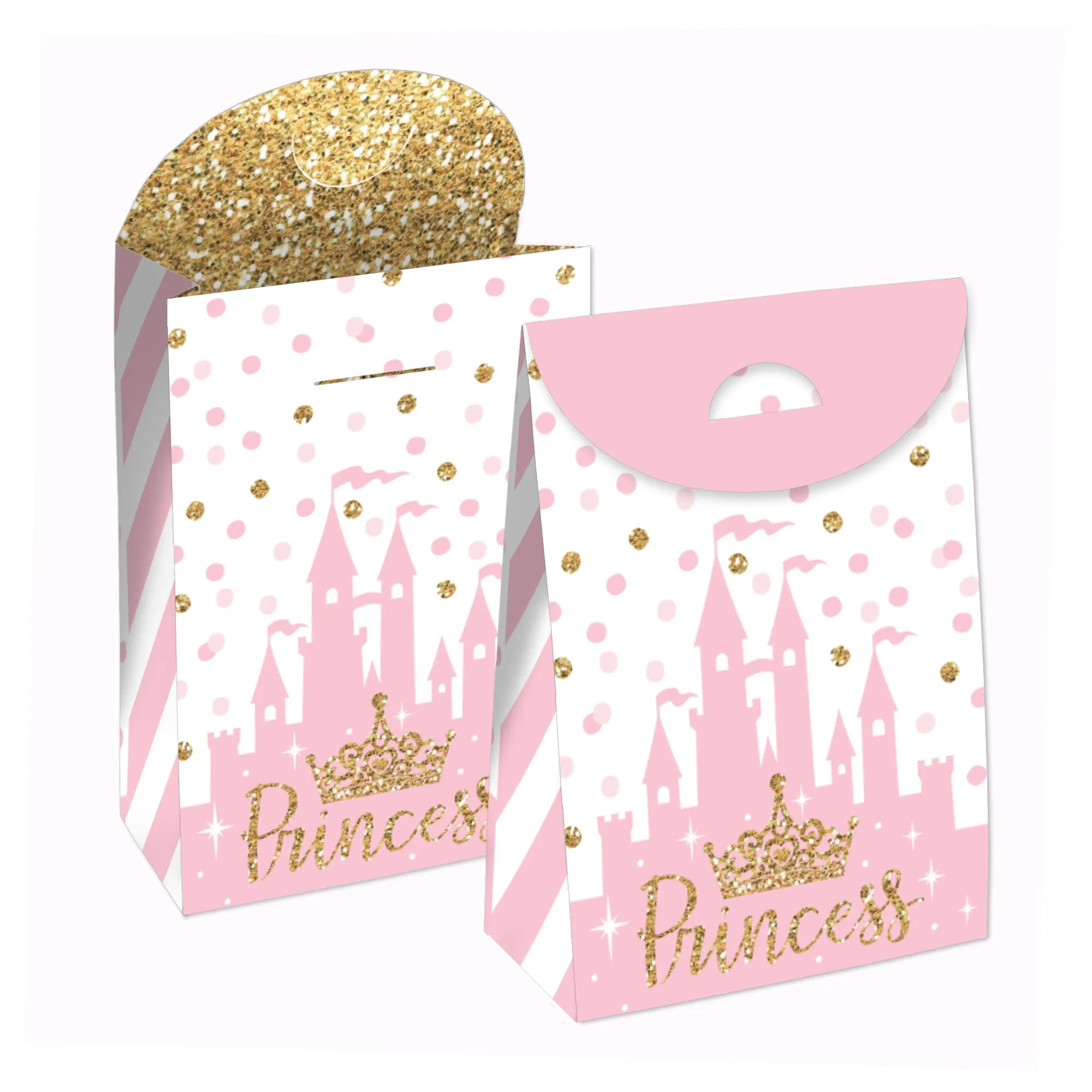Little Princess Crown - Pink and Gold Princess Baby Shower or Birthday Gift Favor Bags - Party Goodie Boxes - Set of 12