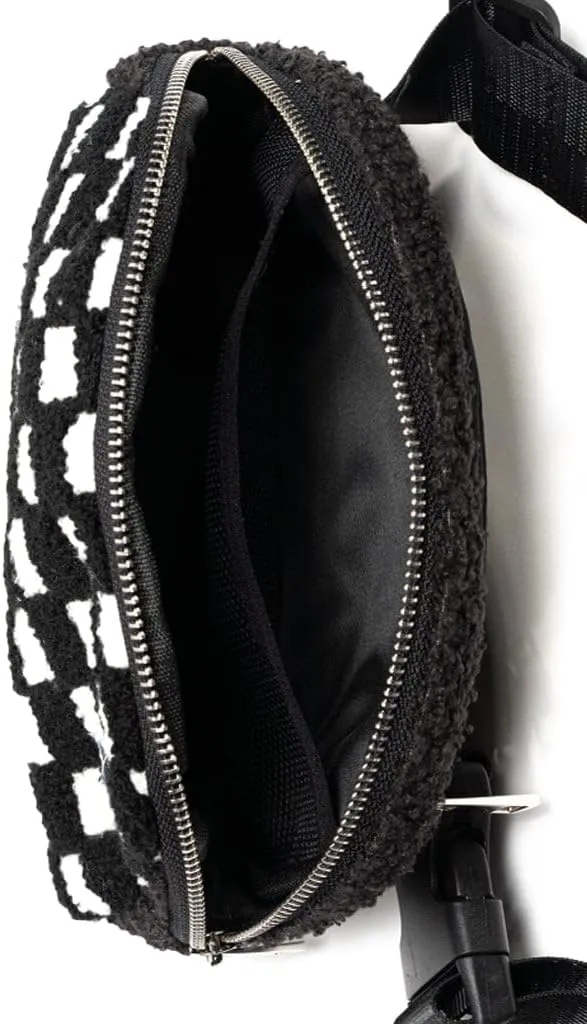 LIVING ROYAL Belt Bag - Fanny Pack, Crossbody Sling - 100% Polyester Microfiber with Adjustable Strap - 2 Interior Mesh Pockets, Key Loop, Back Zip Pocket (Black Checker)