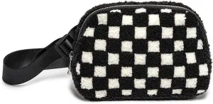 LIVING ROYAL Belt Bag - Fanny Pack, Crossbody Sling - 100% Polyester Microfiber with Adjustable Strap - 2 Interior Mesh Pockets, Key Loop, Back Zip Pocket (Black Checker)