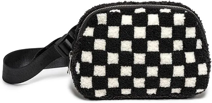 LIVING ROYAL Belt Bag - Fanny Pack, Crossbody Sling - 100% Polyester Microfiber with Adjustable Strap - 2 Interior Mesh Pockets, Key Loop, Back Zip Pocket (Black Checker)