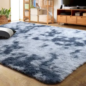 LOCHAS Luxury Fluffy Rainbow Area Rug for Girls Bedroom 4x6, Soft Fuzzy Kids Rugs for Bedroom Boys Playroom, Cute Colorful Tie Dye Princess Carpet for Nursery Living Room Home Decor, Blue Grey