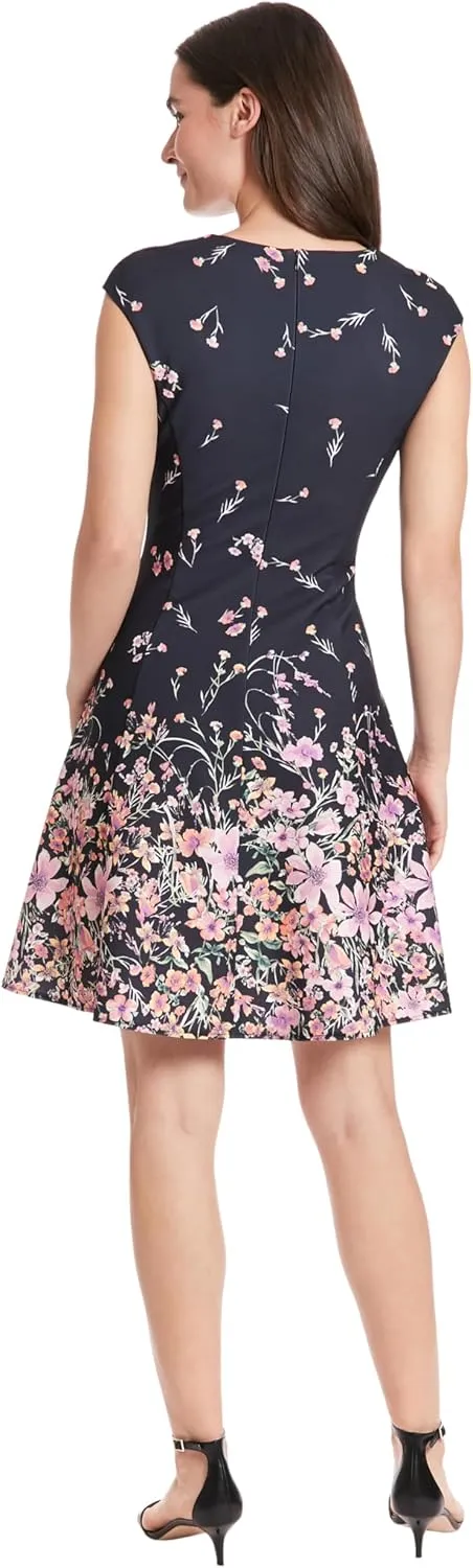 London Times Women's Dresses Floral Border Cap Sleeve Fit & Flare Dress