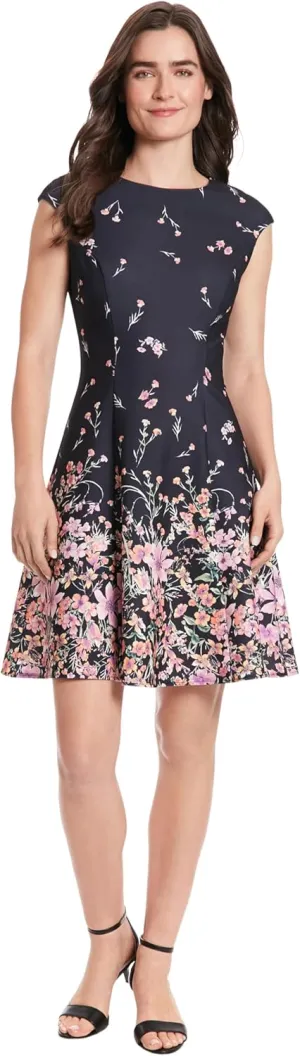 London Times Women's Dresses Floral Border Cap Sleeve Fit & Flare Dress