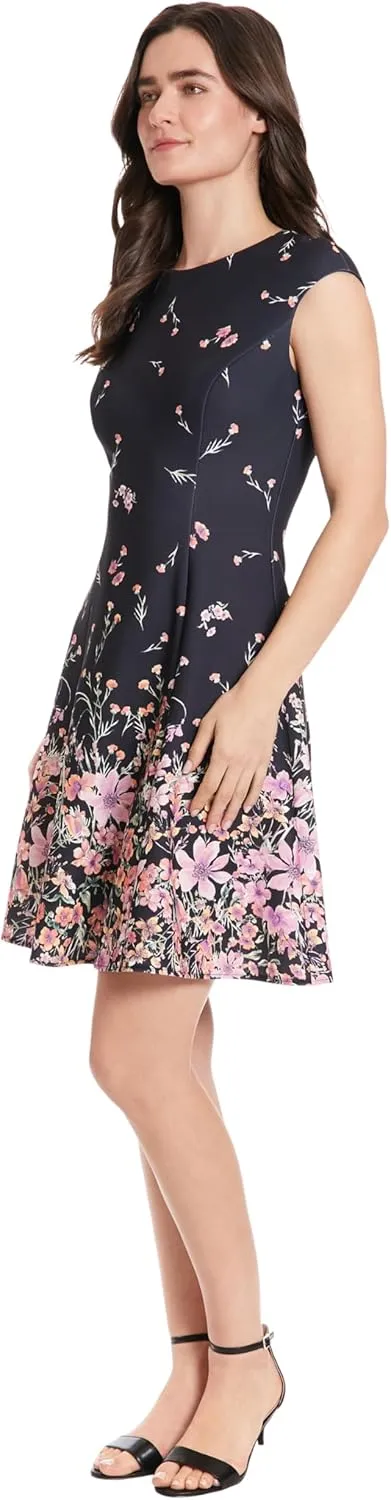 London Times Women's Dresses Floral Border Cap Sleeve Fit & Flare Dress