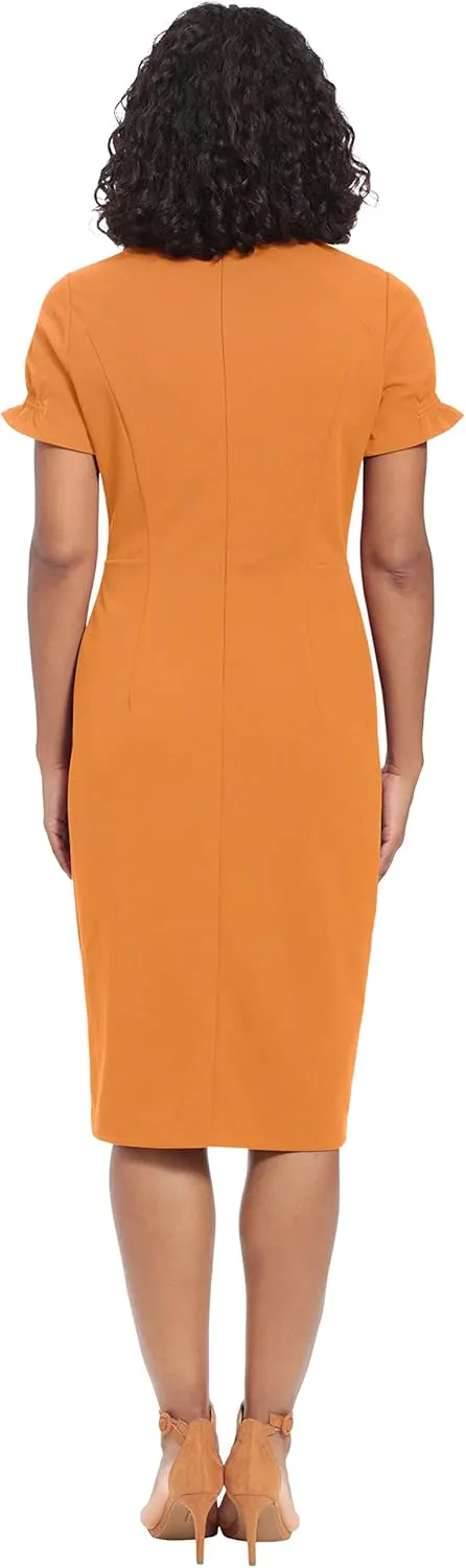 London Times Women's Petite Open Neck Puff Feminine Sleeve Seamed Flattering Sheath Dress