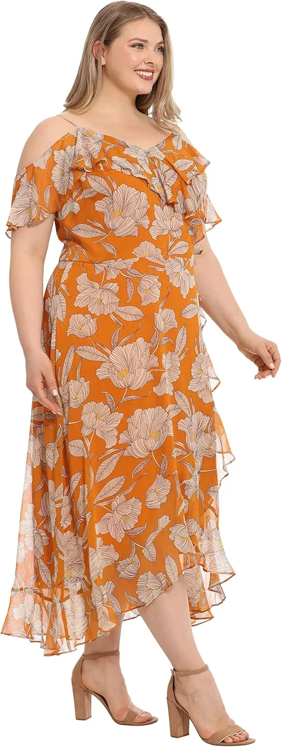 London Times Women's Plus Size Ruffle Cold Shoulder Hi-Low Dress