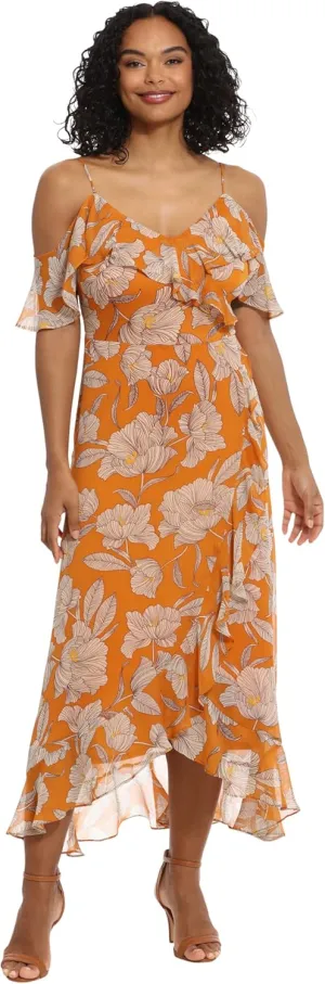 London Times Women's Plus Size Ruffle Cold Shoulder Hi-Low Dress
