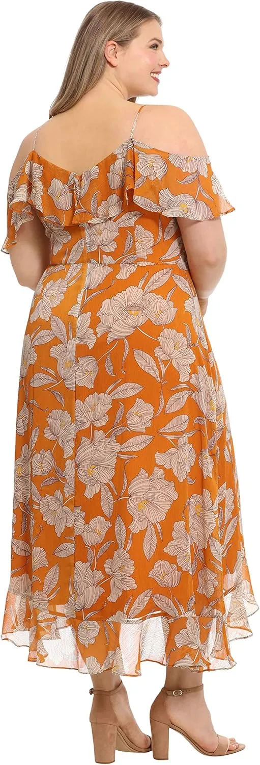 London Times Women's Plus Size Ruffle Cold Shoulder Hi-Low Dress