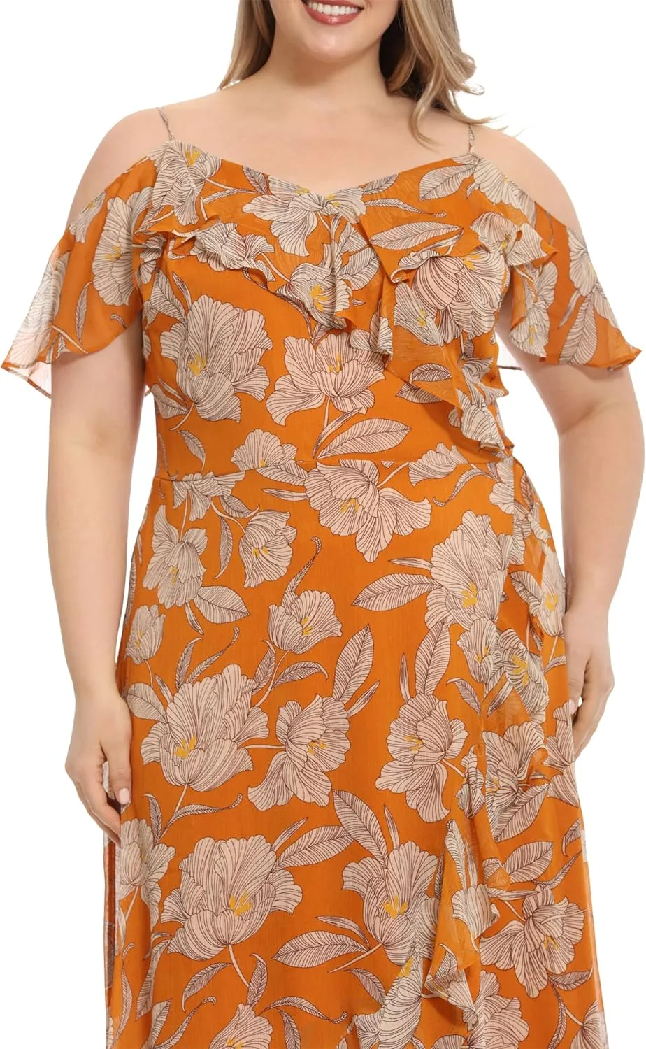 London Times Women's Plus Size Ruffle Cold Shoulder Hi-Low Dress