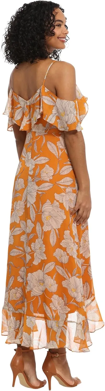 London Times Women's Plus Size Ruffle Cold Shoulder Hi-Low Dress