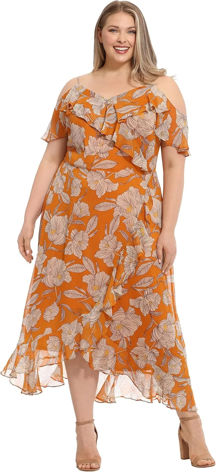 London Times Women's Plus Size Ruffle Cold Shoulder Hi-Low Dress