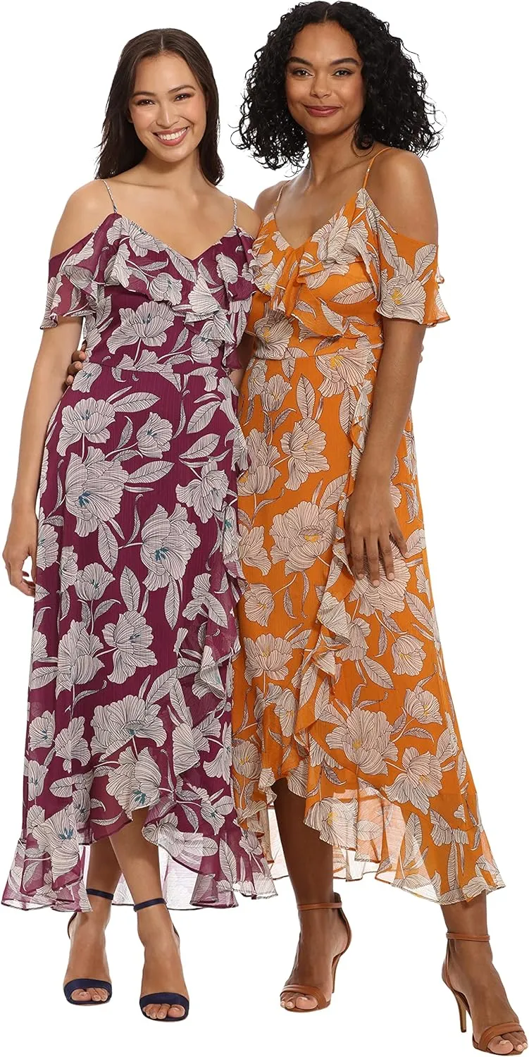 London Times Women's Plus Size Ruffle Cold Shoulder Hi-Low Dress