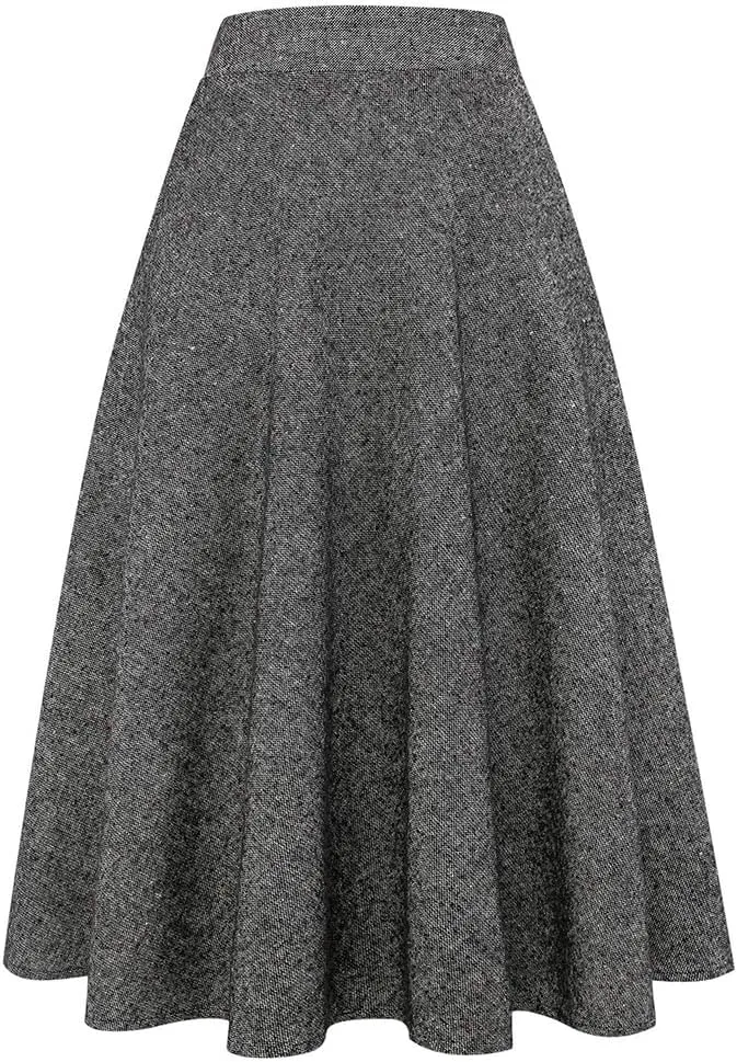 Long Plaid Wool Skirt for Womens Winter Fall Warm High Elastic Waist A line Flared Pleated Wool Tartan Skirts
