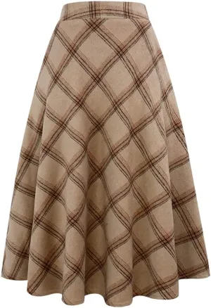 Long Plaid Wool Skirt for Womens Winter Fall Warm High Elastic Waist A line Flared Pleated Wool Tartan Skirts