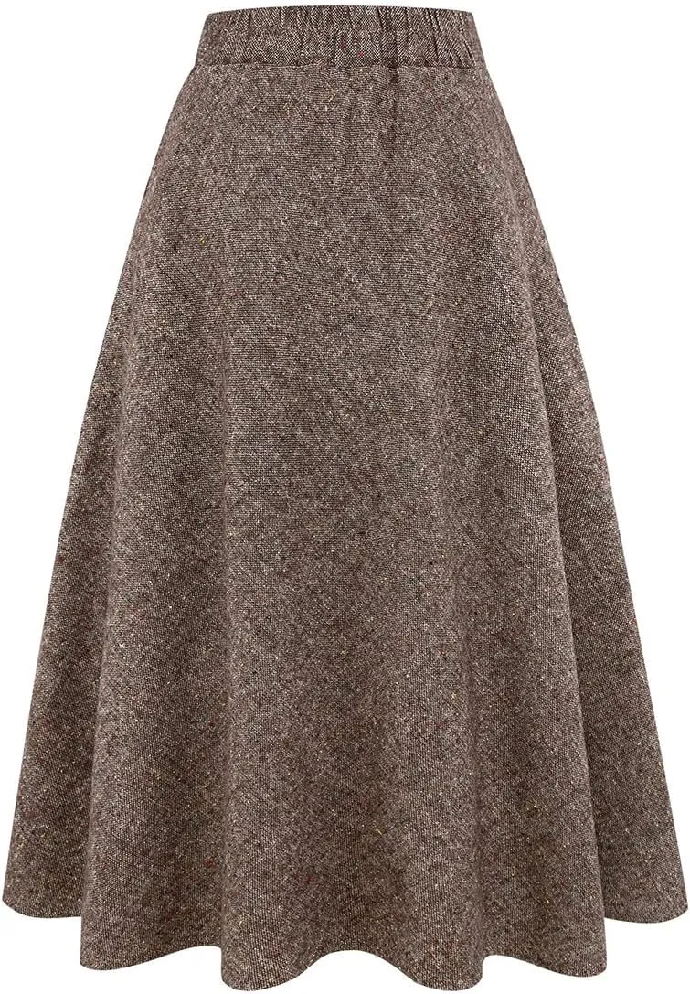 Long Plaid Wool Skirt for Womens Winter Fall Warm High Elastic Waist A line Flared Pleated Wool Tartan Skirts