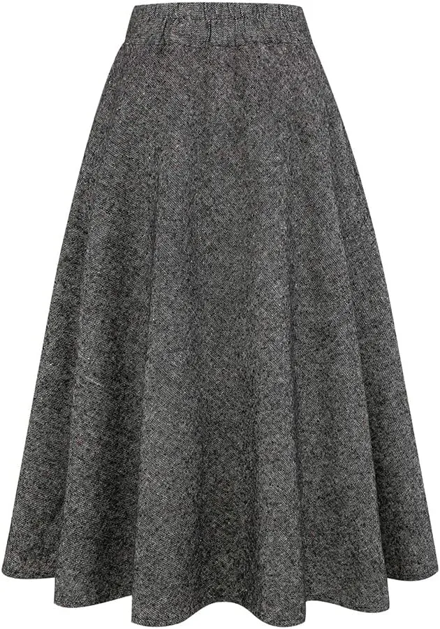 Long Plaid Wool Skirt for Womens Winter Fall Warm High Elastic Waist A line Flared Pleated Wool Tartan Skirts