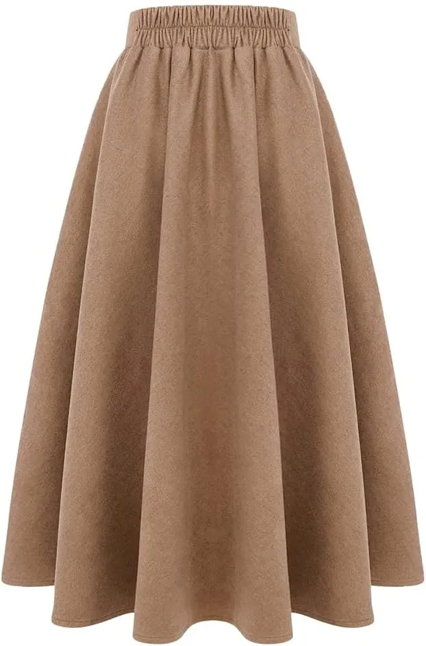 Long Plaid Wool Skirt for Womens Winter Fall Warm High Elastic Waist A line Flared Pleated Wool Tartan Skirts