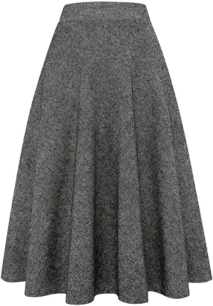 Long Plaid Wool Skirt for Womens Winter Fall Warm High Elastic Waist A line Flared Pleated Wool Tartan Skirts