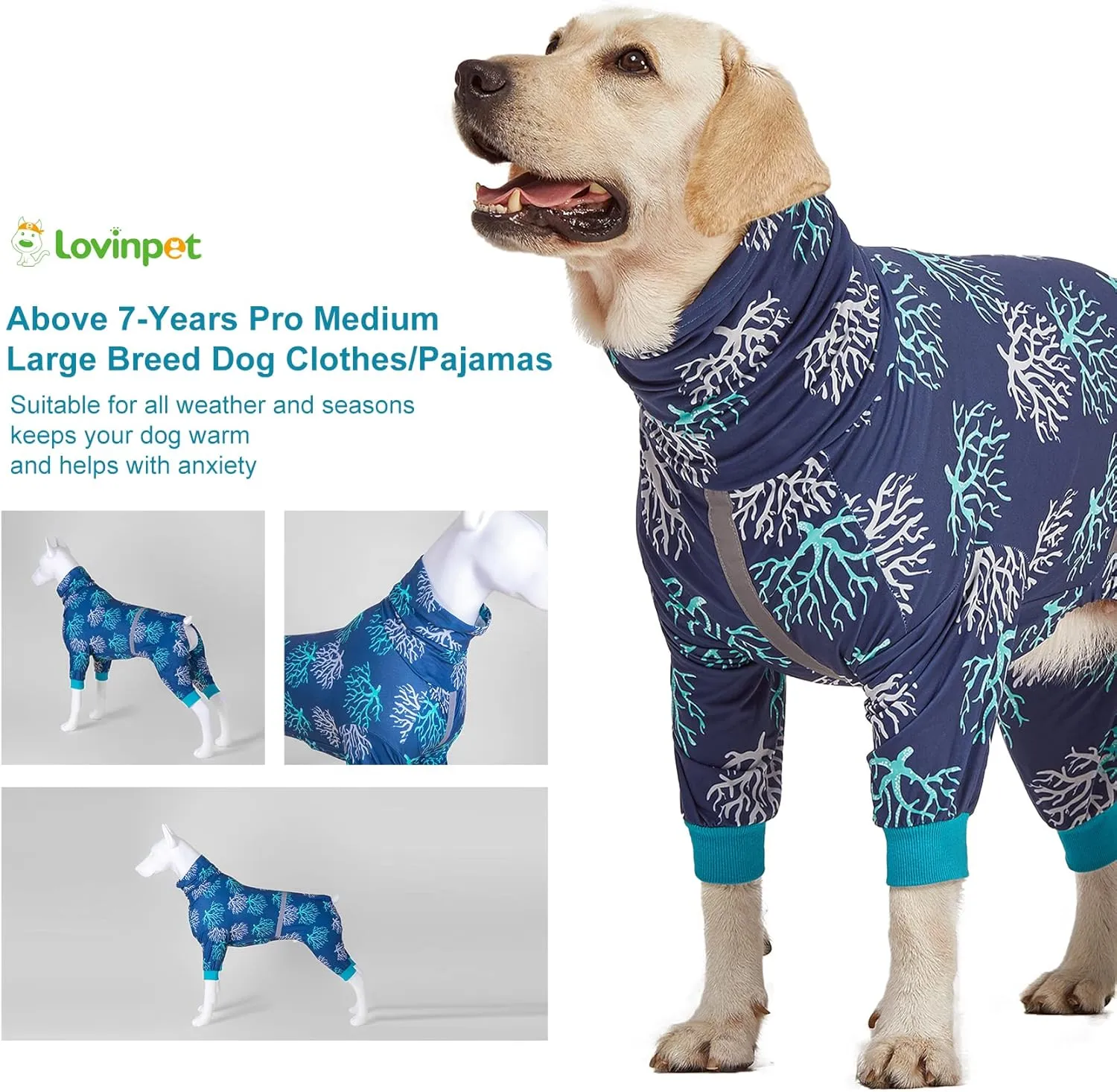 LovinPet Boxer Dogs Onesie Pajamas - UV Protection&Wound Care, Anxiety Relief, Lightweight Stretchy Fabric, Reflective Stripe, Coral Tree Print, Post Surgery Clothes, Pet PJ's/Large