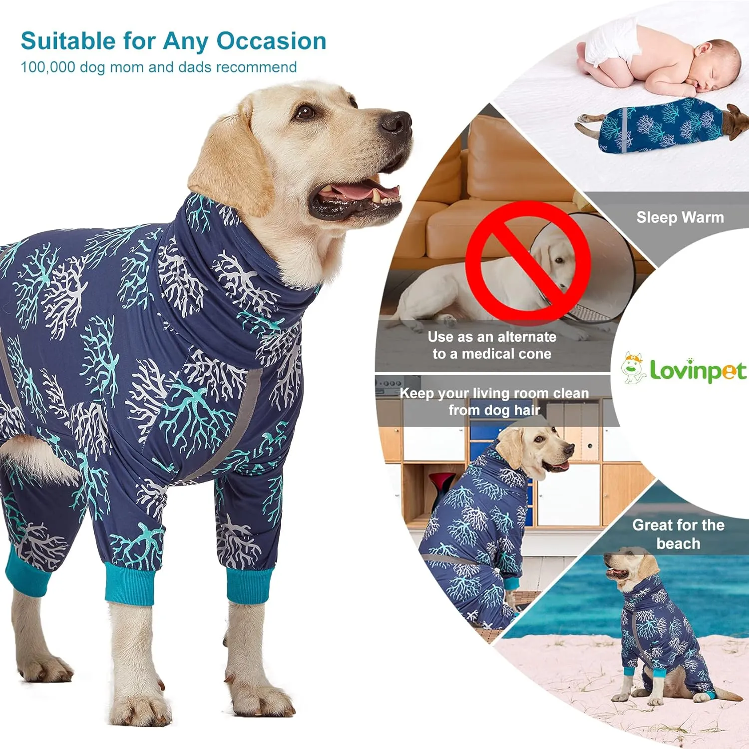 LovinPet Boxer Dogs Onesie Pajamas - UV Protection&Wound Care, Anxiety Relief, Lightweight Stretchy Fabric, Reflective Stripe, Coral Tree Print, Post Surgery Clothes, Pet PJ's/Large